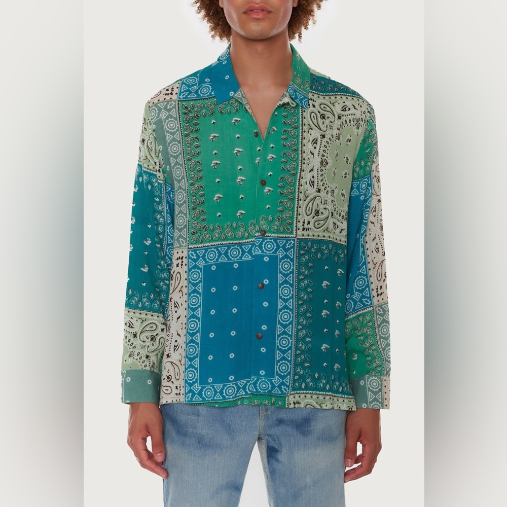 NWT RAGA "RAGA MAN"  Print Button-Up Shirt Size Large AQUA